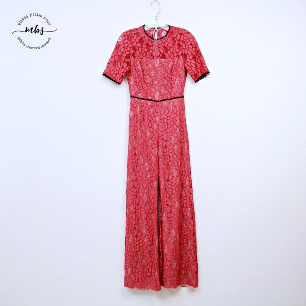 Alexis Lace Short Sleeve Cutout Lined Wide Leg Jumpsuit Raw Hems Pink Women XS - Picture 2 of 13